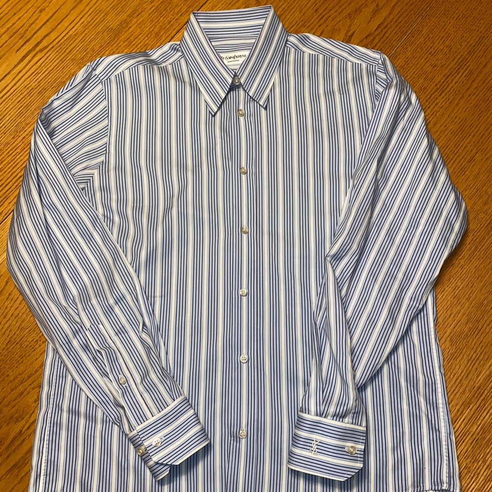 YSL Homme Navy & Light Blue Striped Button Down Shirt (New and Unused)